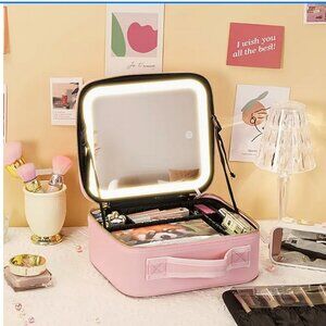 Makeup Travel Bag with LED Lighted Mirror Adjustable Brightness Pink